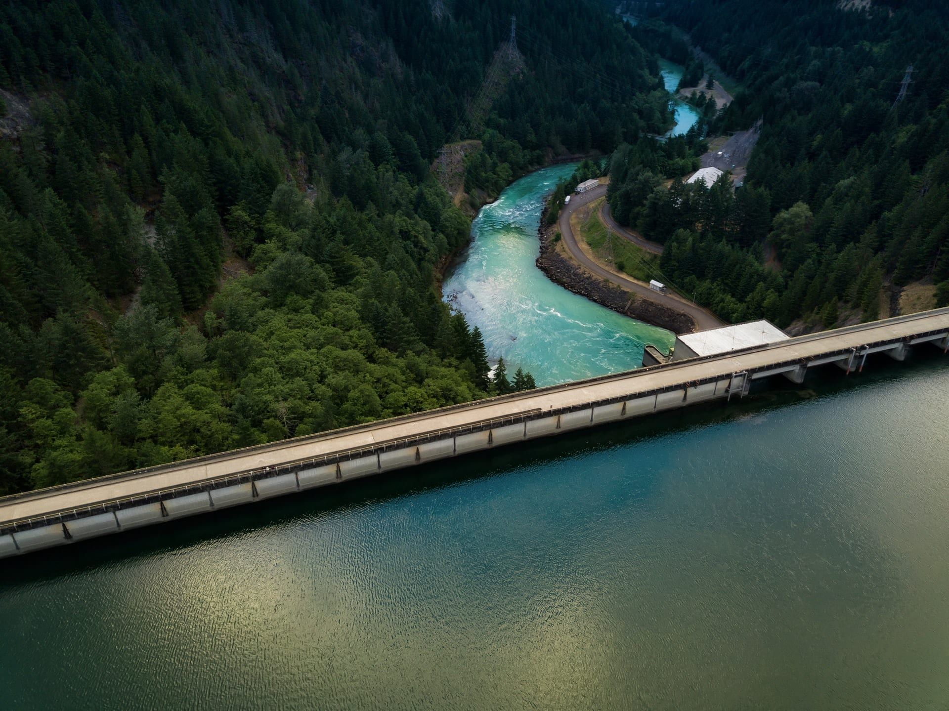 A river valley and a dam seen from above